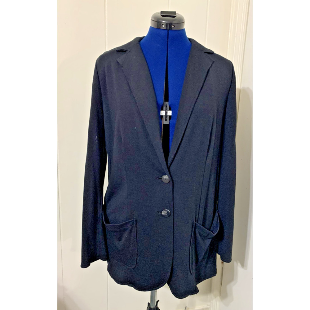 J. Jill Black Blazer Medium Rayon Wool Blend 2 button Raw Edge Lagenlook Artsy